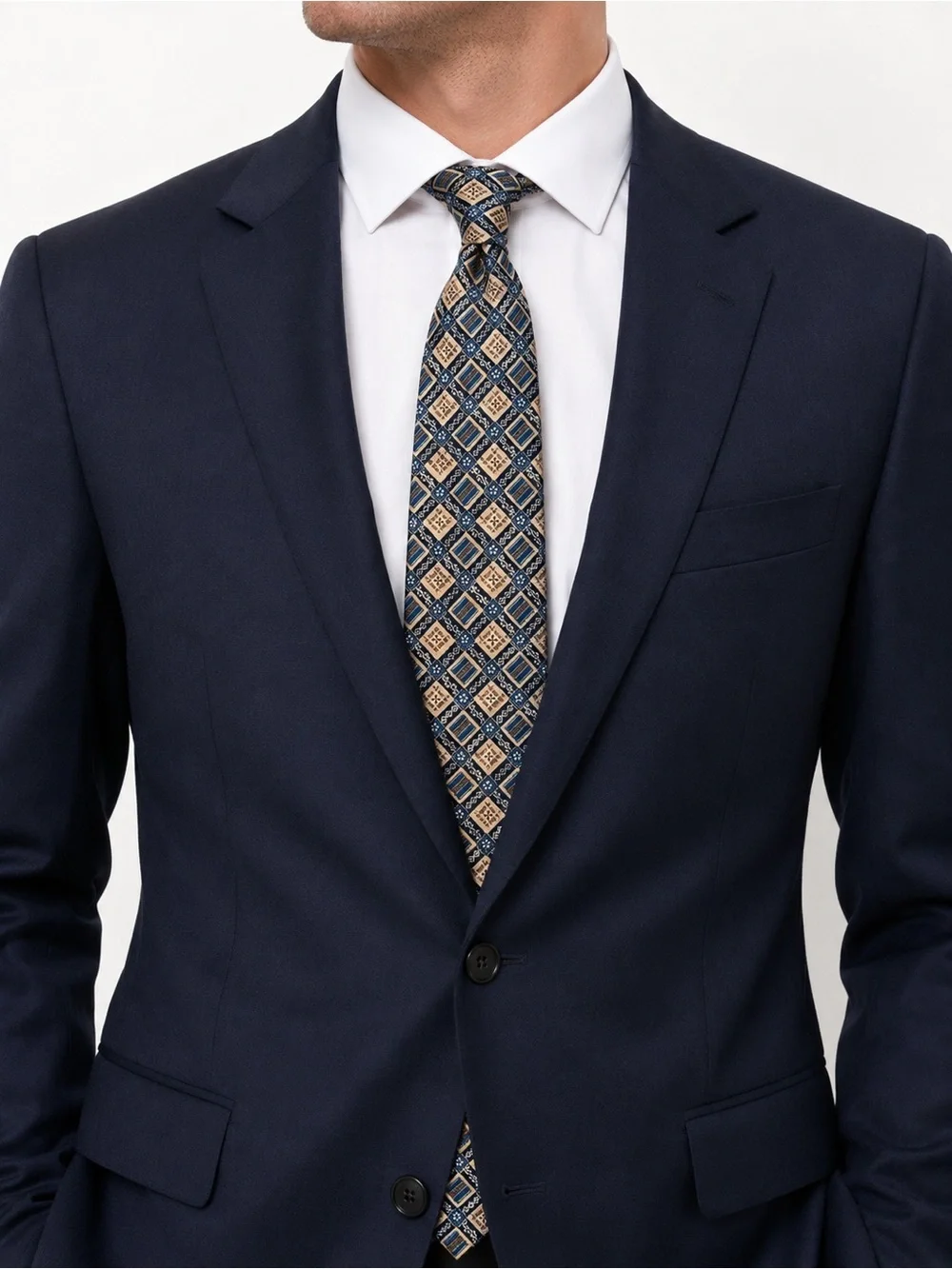 Il Gattopardo Italy 100% Silk Tie Blue Beige Geometric Diamond Pattern